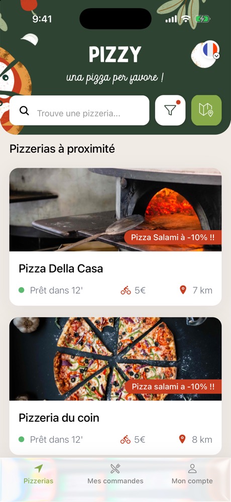 L'app Pizzy : la liste des pizzerias à proximité