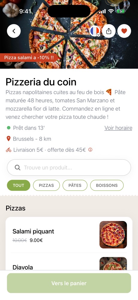 La page d'une pizzeria dans l'app Pizzy, avec son menu